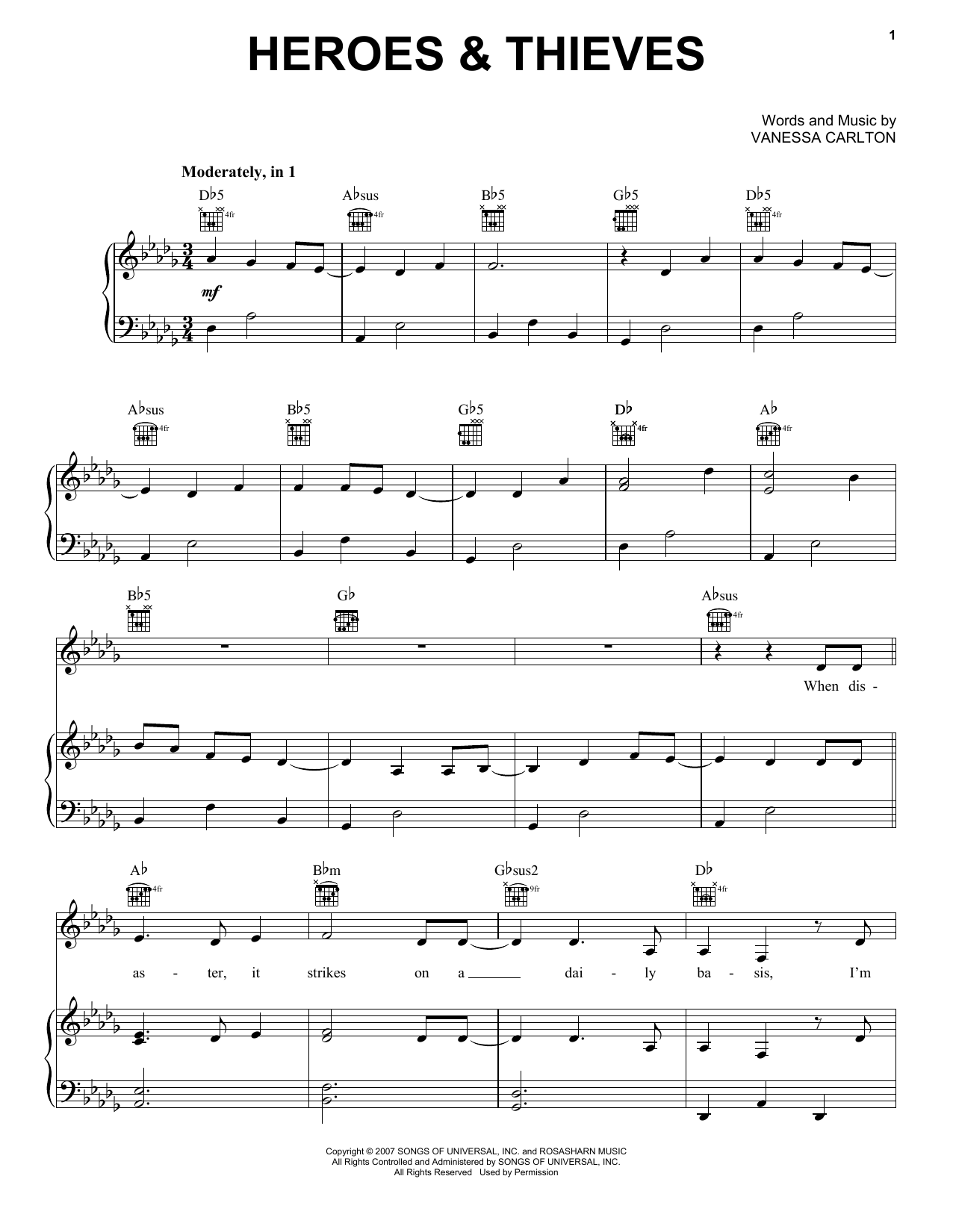 Download Vanessa Carlton Heroes & Thieves Sheet Music and learn how to play Piano, Vocal & Guitar Chords (Right-Hand Melody) PDF digital score in minutes