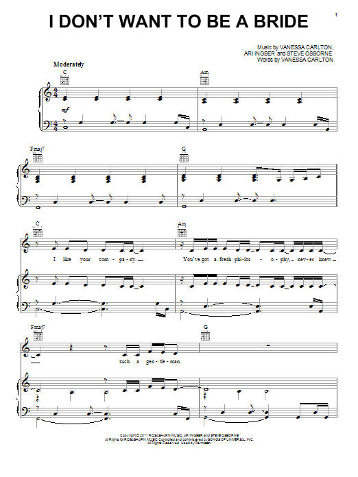 Download Vanessa Carlton I Don't Want To Be A Bride Sheet Music and learn how to play Piano, Vocal & Guitar (Right-Hand Melody) PDF digital score in minutes