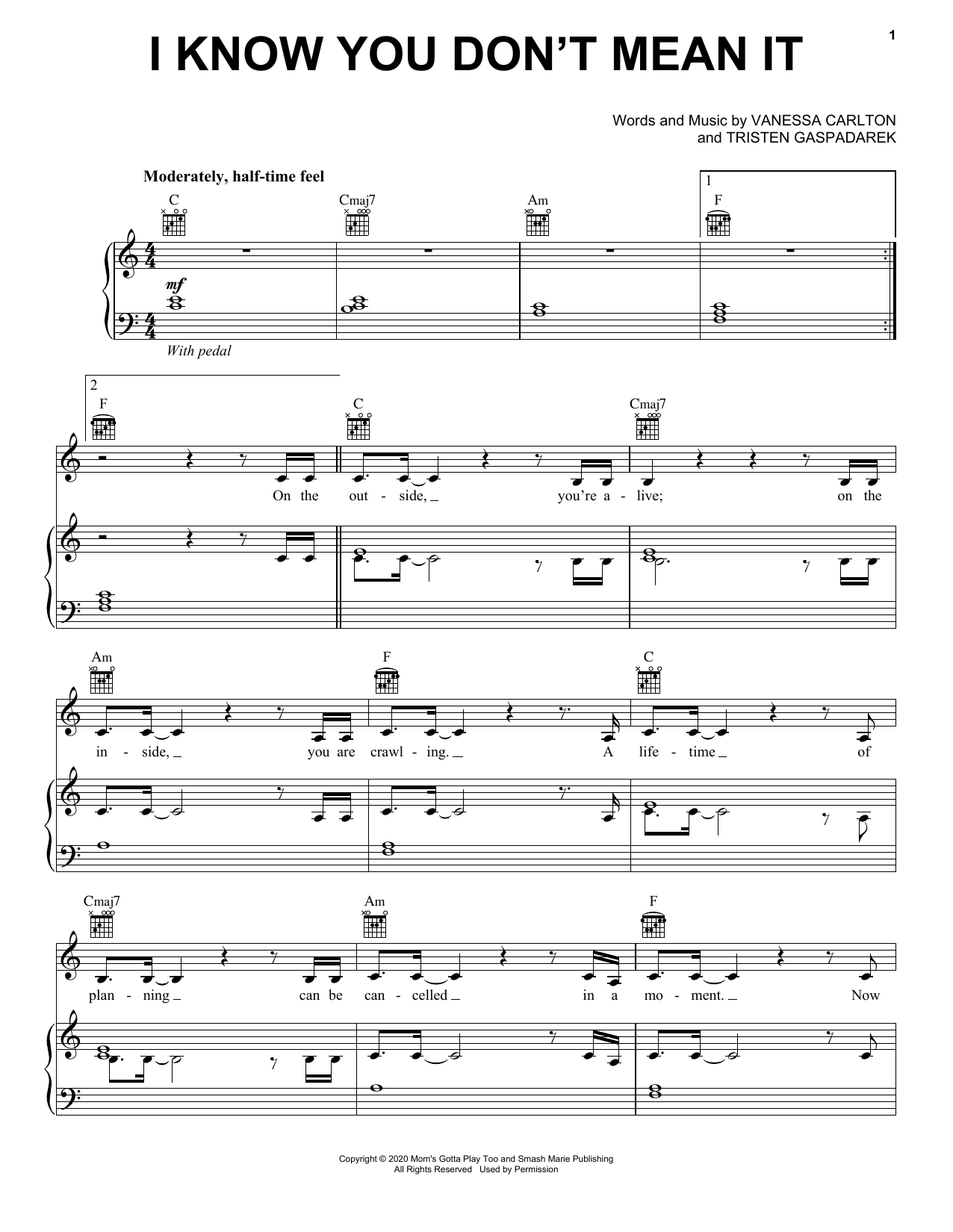 Download Vanessa Carlton I Know You Don't Mean It Sheet Music and learn how to play Piano, Vocal & Guitar Chords (Right-Hand Melody) PDF digital score in minutes