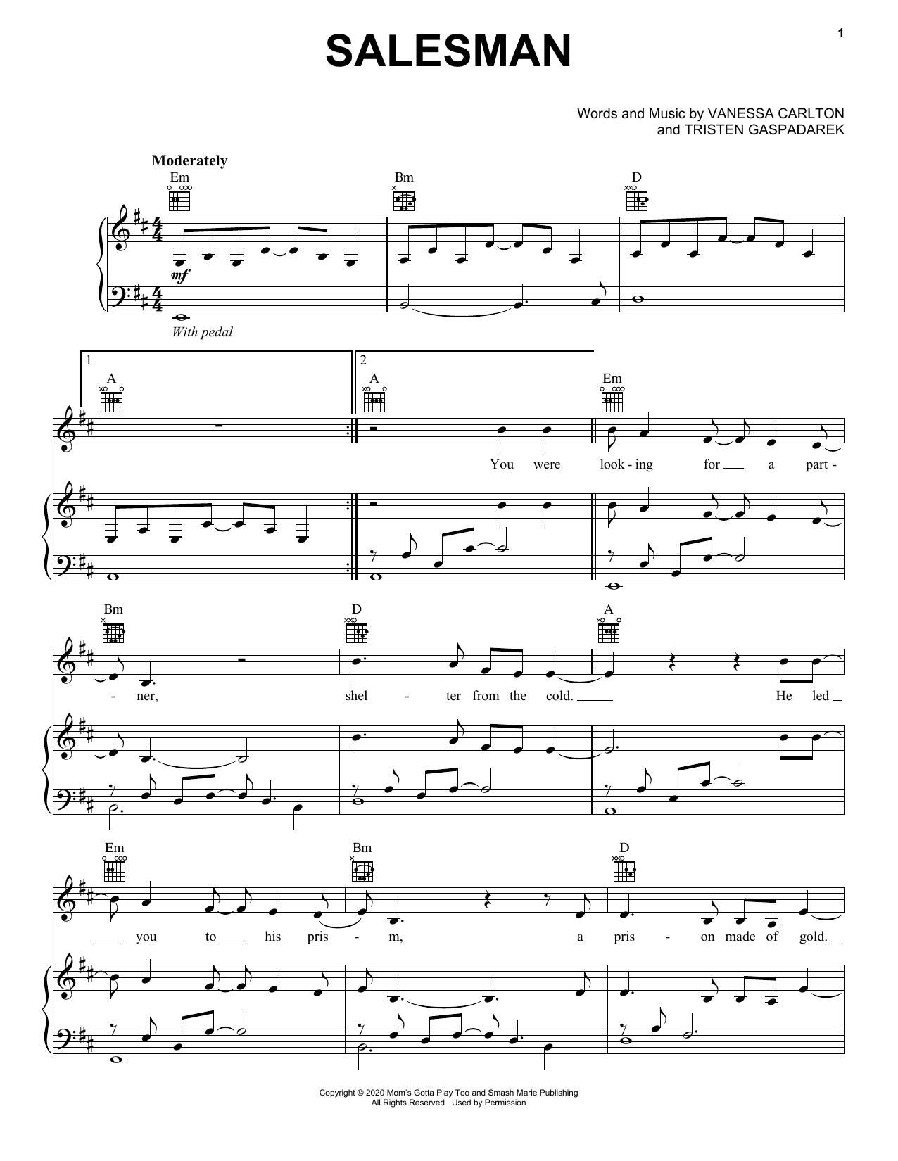 Download Vanessa Carlton Salesman Sheet Music and learn how to play Piano, Vocal & Guitar Chords (Right-Hand Melody) PDF digital score in minutes