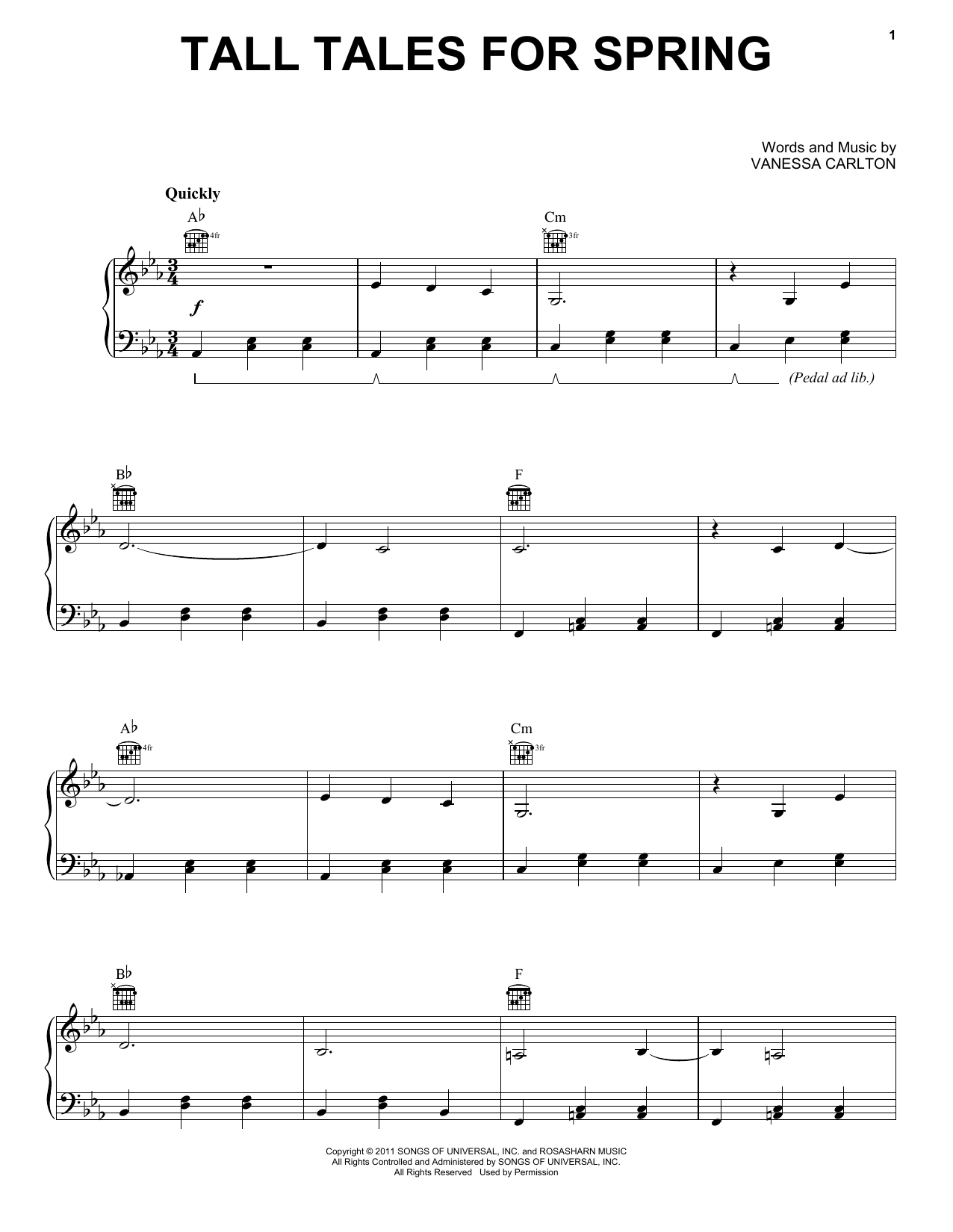 Download Vanessa Carlton Tall Tales For Spring Sheet Music and learn how to play Piano, Vocal & Guitar (Right-Hand Melody) PDF digital score in minutes