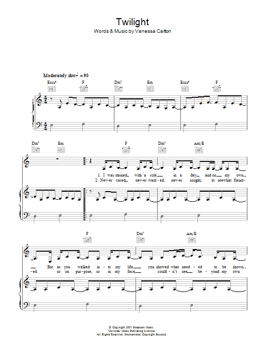 Download Vanessa Carlton Twilight Sheet Music and learn how to play Piano, Vocal & Guitar PDF digital score in minutes