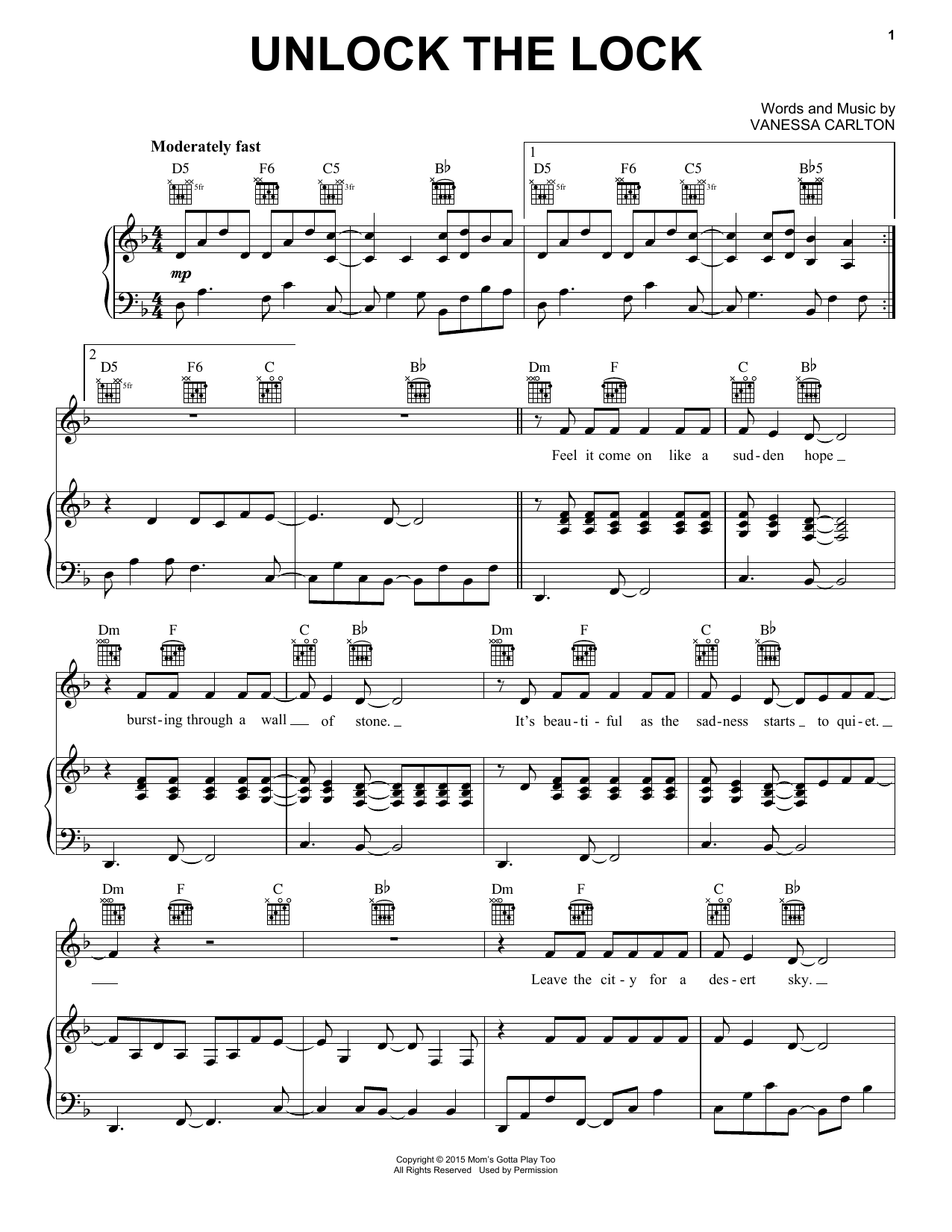 Download Vanessa Carlton Unlock The Lock Sheet Music and learn how to play Piano, Vocal & Guitar Chords (Right-Hand Melody) PDF digital score in minutes