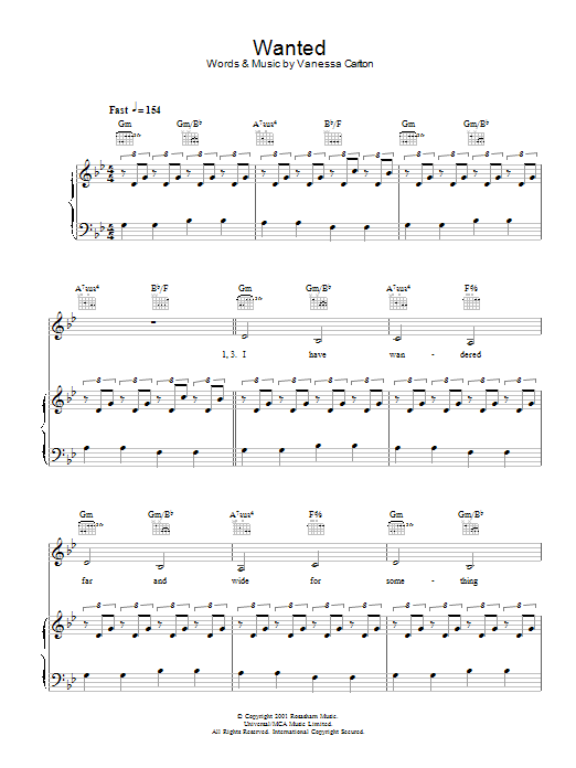 Download Vanessa Carlton Wanted Sheet Music and learn how to play Piano, Vocal & Guitar PDF digital score in minutes