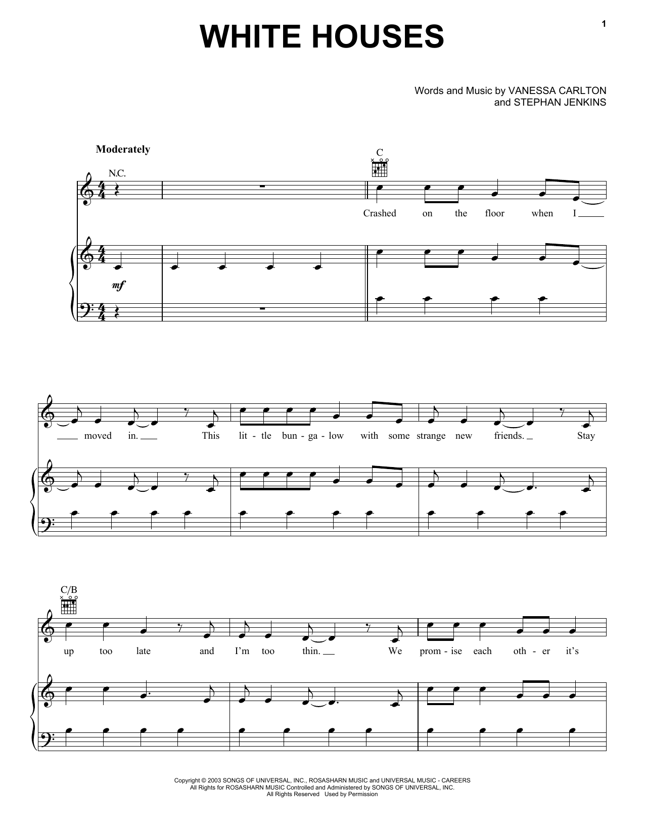 Download Vanessa Carlton White Houses Sheet Music and learn how to play Piano, Vocal & Guitar (Right-Hand Melody) PDF digital score in minutes