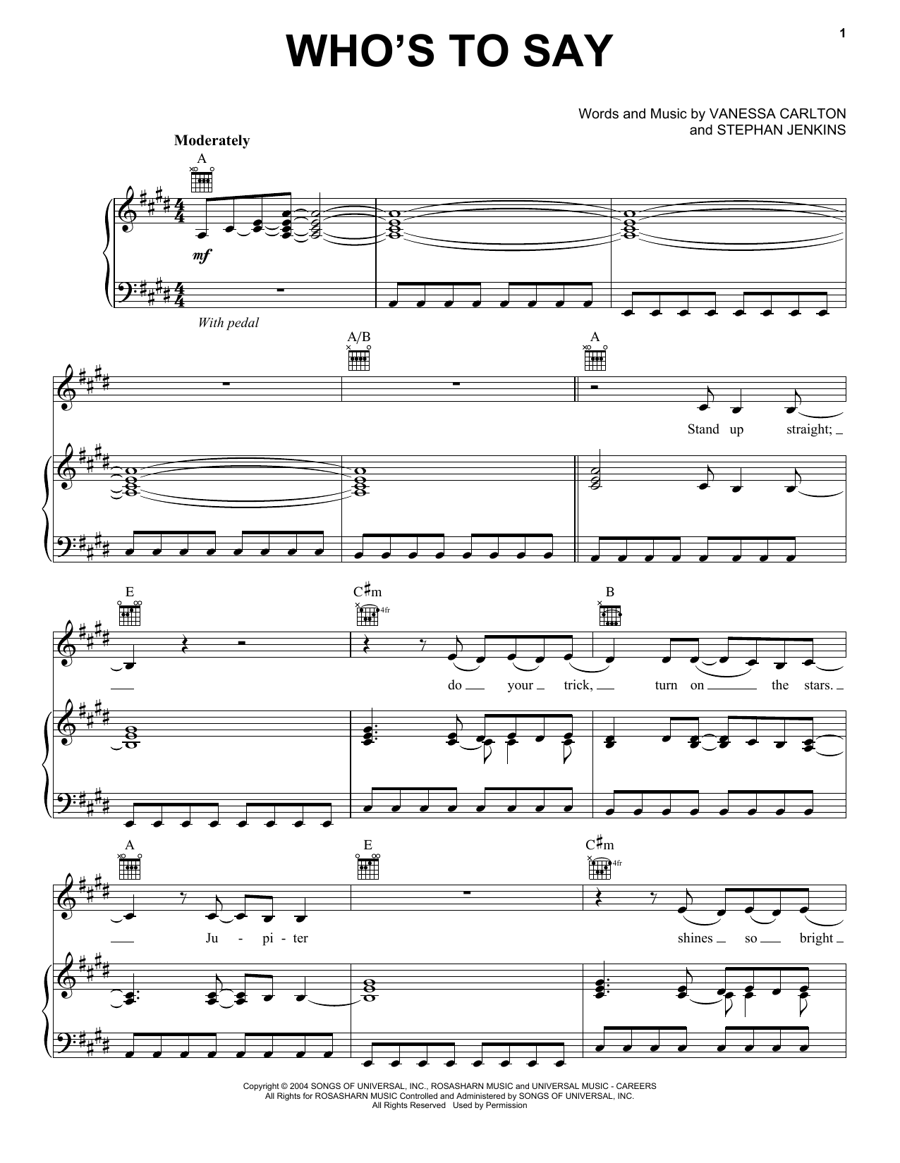 Download Vanessa Carlton Who's To Say Sheet Music and learn how to play Piano, Vocal & Guitar (Right-Hand Melody) PDF digital score in minutes