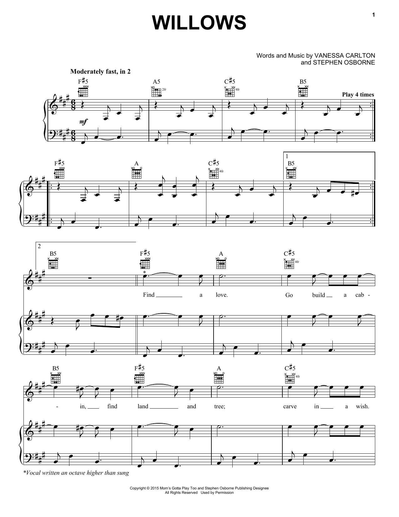 Download Vanessa Carlton Willows Sheet Music and learn how to play Piano, Vocal & Guitar Chords (Right-Hand Melody) PDF digital score in minutes