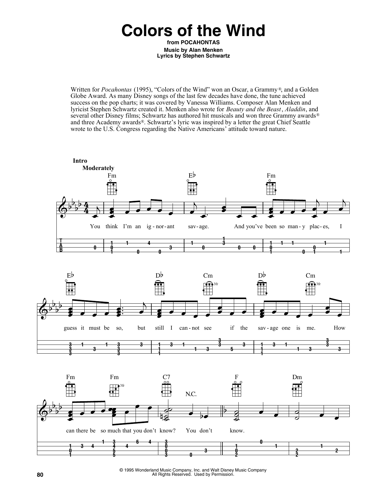 Download Vanessa Williams Colors Of The Wind (from Pocahontas) (arr. Fred Sokolow) Sheet Music and learn how to play Easy Ukulele Tab PDF digital score in minutes