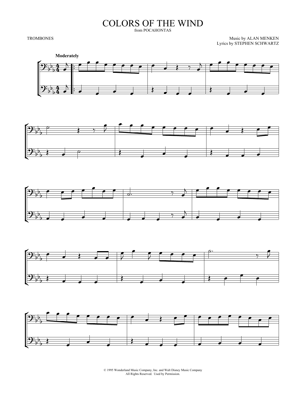 Download Vanessa Williams Colors Of The Wind Sheet Music and learn how to play Trombone Duet PDF digital score in minutes