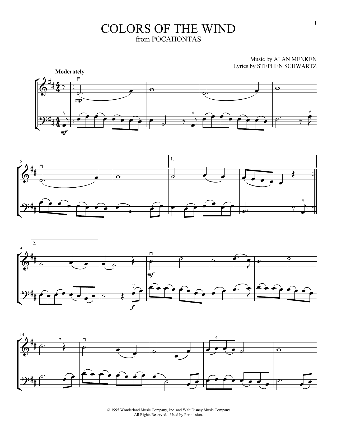 Download Vanessa Williams Colors Of The Wind (from Pocahontas) (arr. Michelle Hynson) Sheet Music and learn how to play Instrumental Duet PDF digital score in minutes