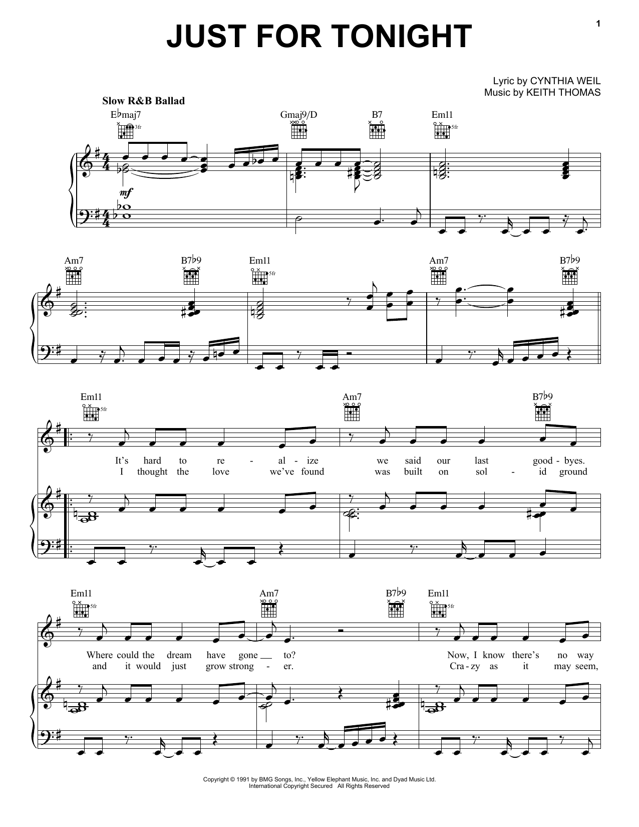 Download Vanessa Williams Just For Tonight Sheet Music and learn how to play Piano, Vocal & Guitar Chords (Right-Hand Melody) PDF digital score in minutes