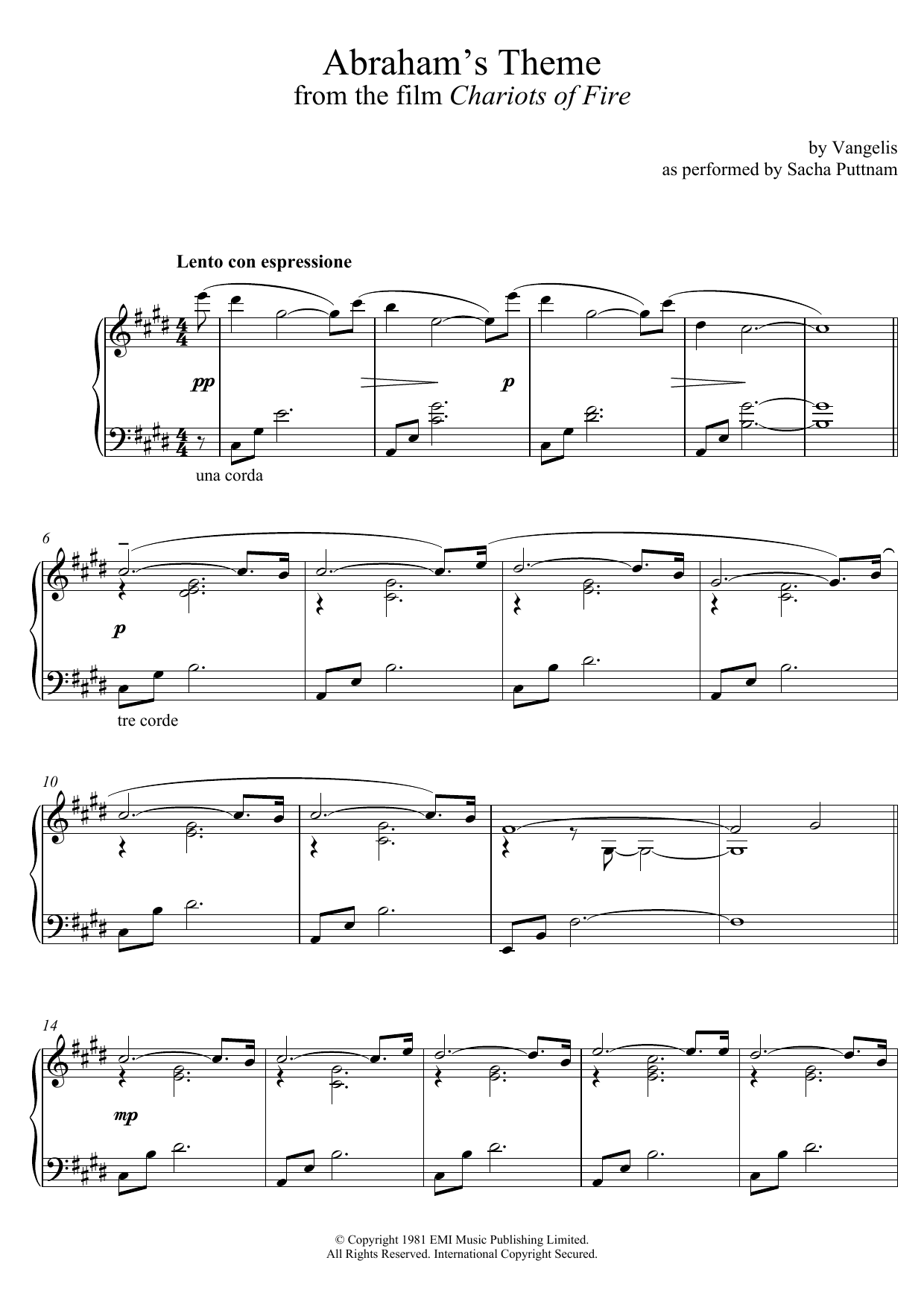 Download Vangelis Abraham's Theme (from Chariots Of Fire) (as performed by Sacha Puttnam) Sheet Music and learn how to play Piano PDF digital score in minutes