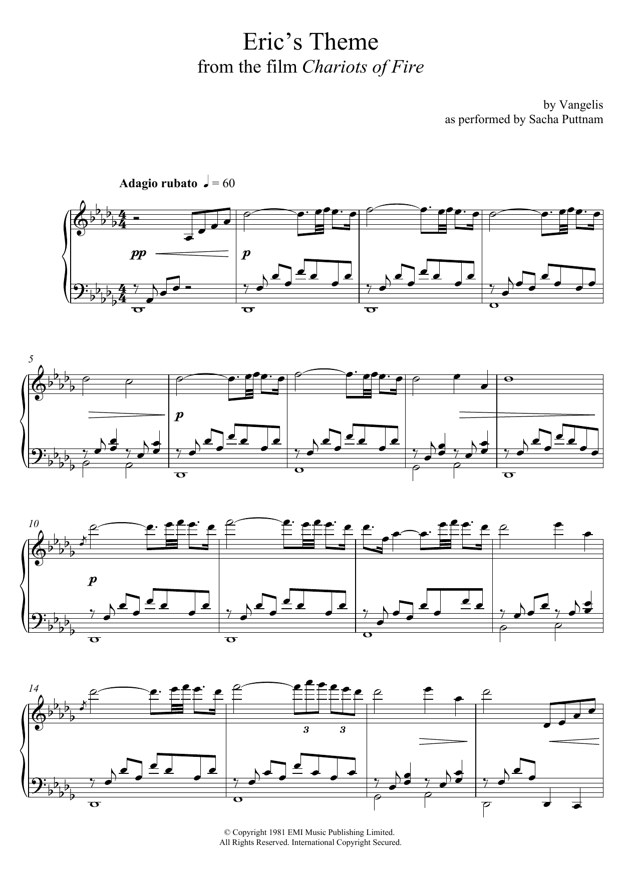Download Vangelis Eric's Theme (from Chariots Of Fire) (as performed by Sacha Puttnam) Sheet Music and learn how to play Piano PDF digital score in minutes