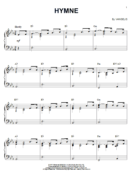 Download Vangelis Hymne Sheet Music and learn how to play Trumpet PDF digital score in minutes