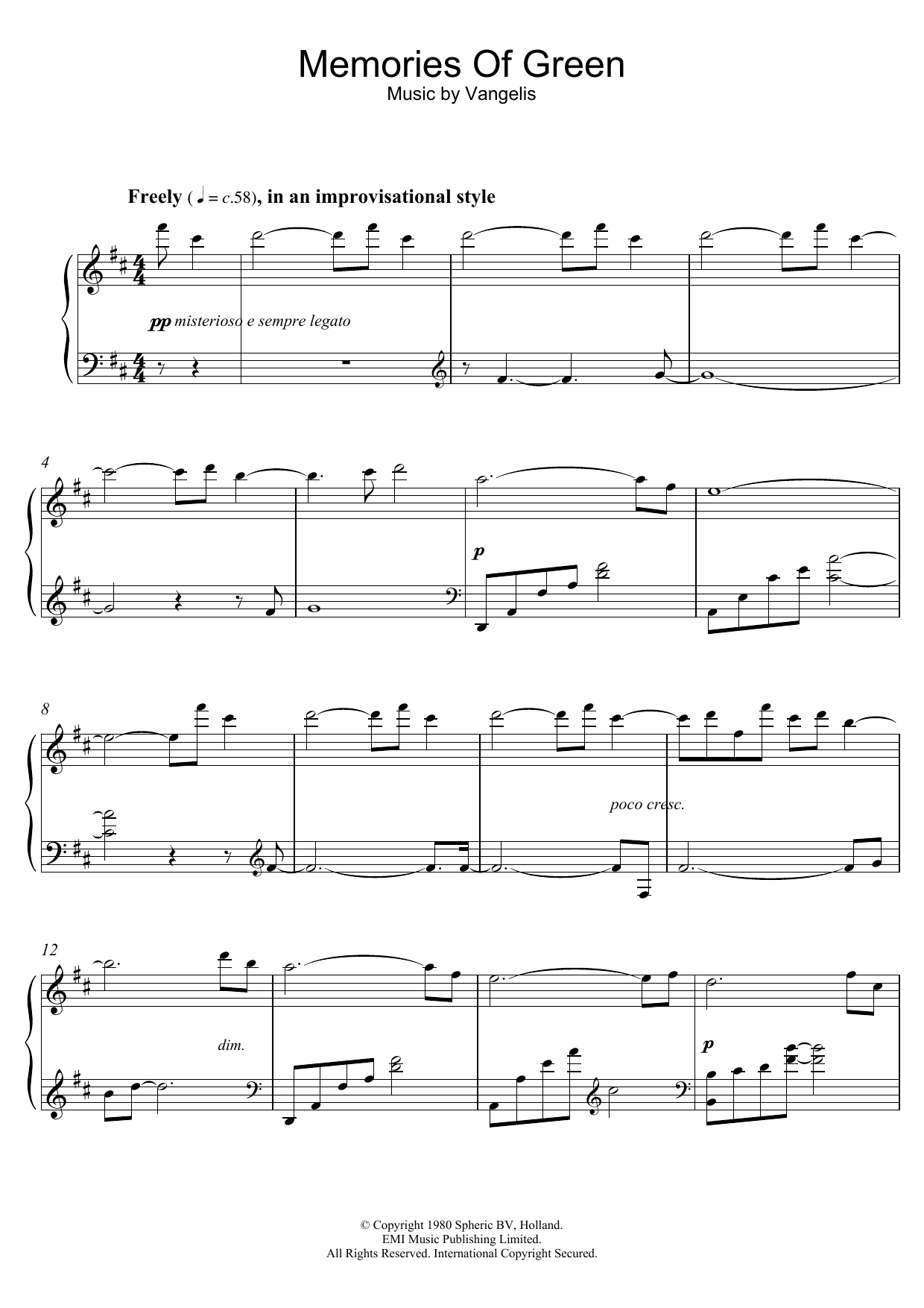 Download Vangelis Memories Of Green (from Blade Runner) Sheet Music and learn how to play Piano PDF digital score in minutes