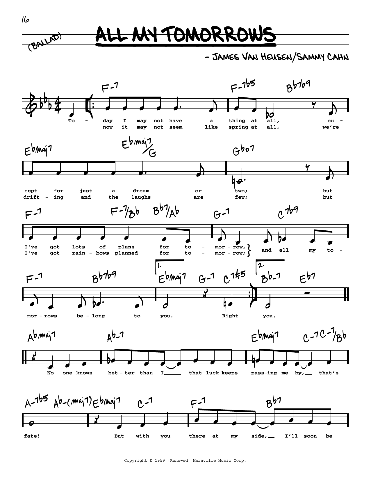 Download Various All My Tomorrows (Low Voice) Sheet Music and learn how to play Real Book – Melody, Lyrics & Chords PDF digital score in minutes
