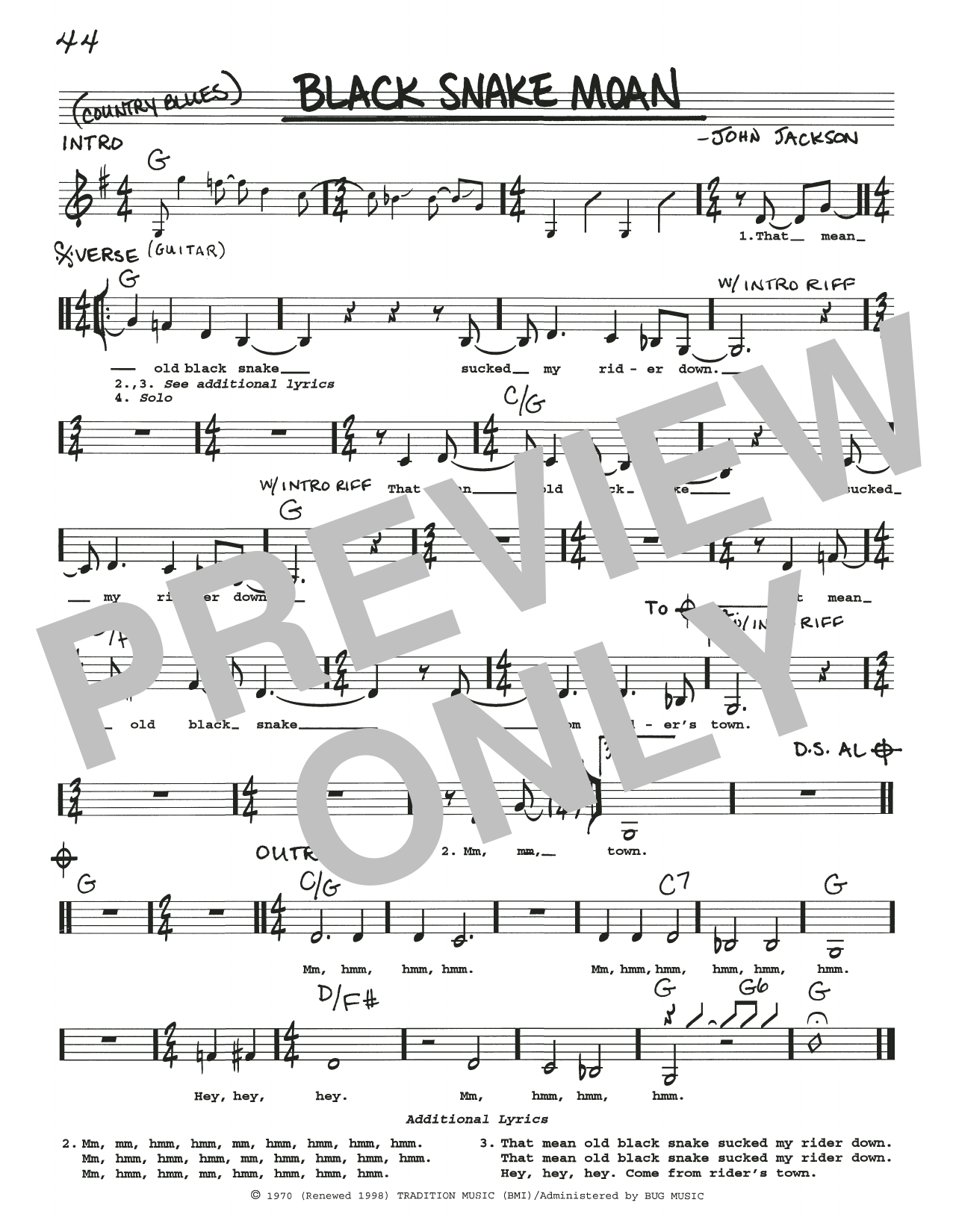 Download Various Black Snake Moan Sheet Music and learn how to play Real Book – Melody, Lyrics & Chords PDF digital score in minutes