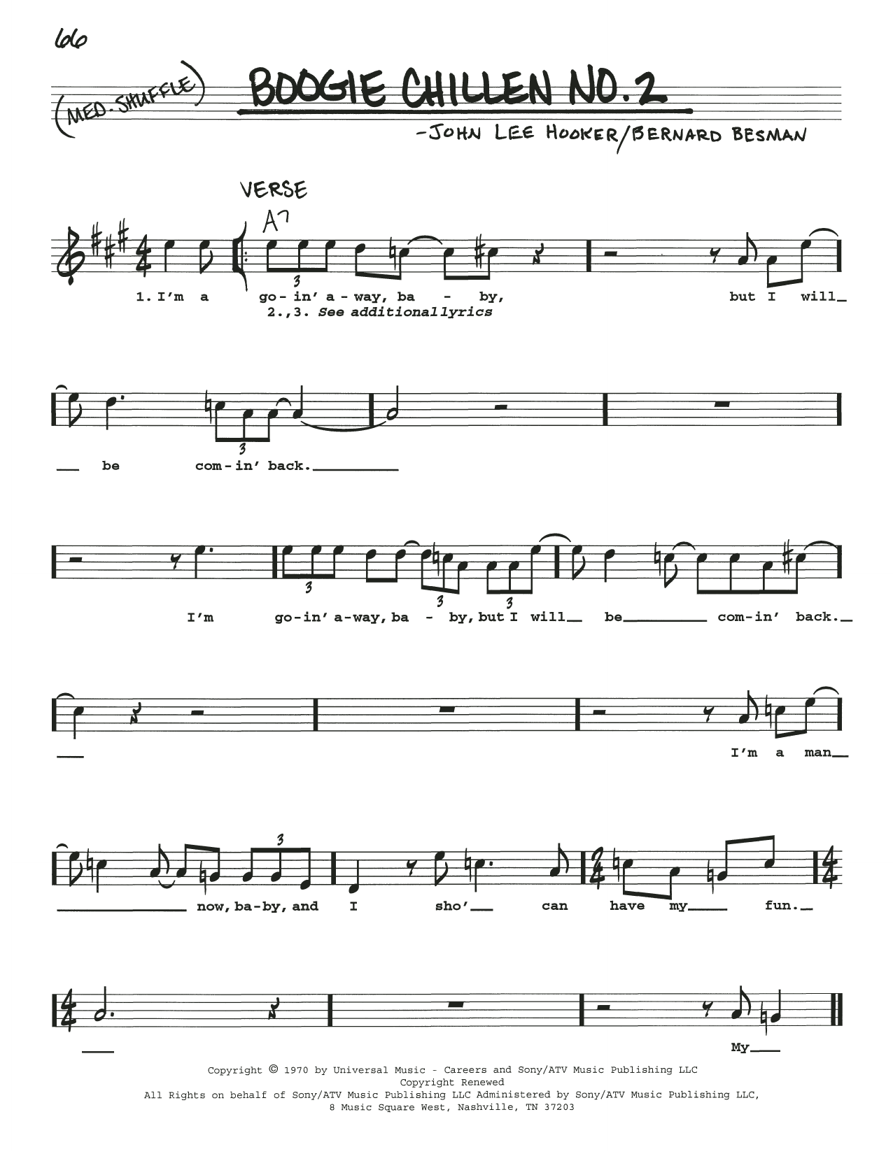 Download Various Boogie Chillen No. 2 Sheet Music and learn how to play Real Book – Melody, Lyrics & Chords PDF digital score in minutes