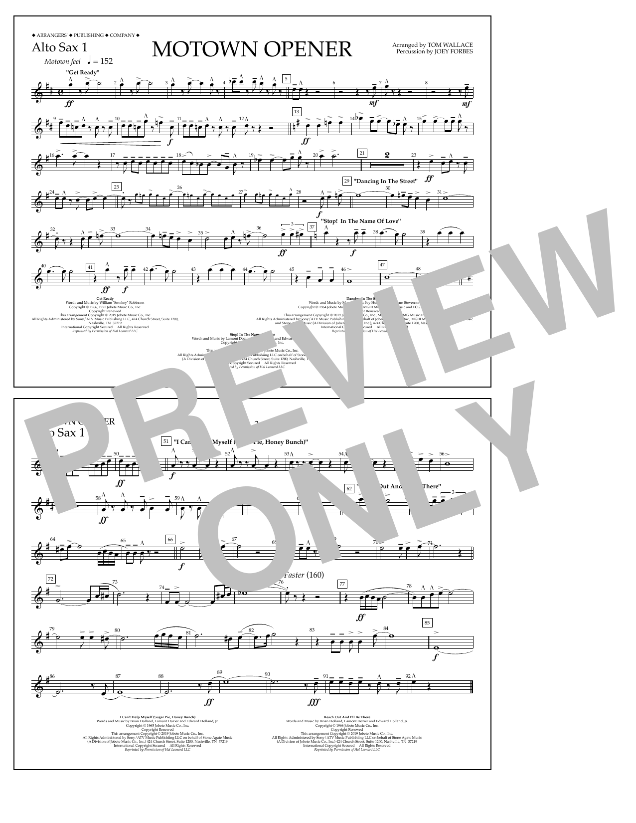 Download Various Motown Theme Show Opener (arr. Tom Wallace) - Alto Sax 1 Sheet Music and learn how to play Marching Band PDF digital score in minutes