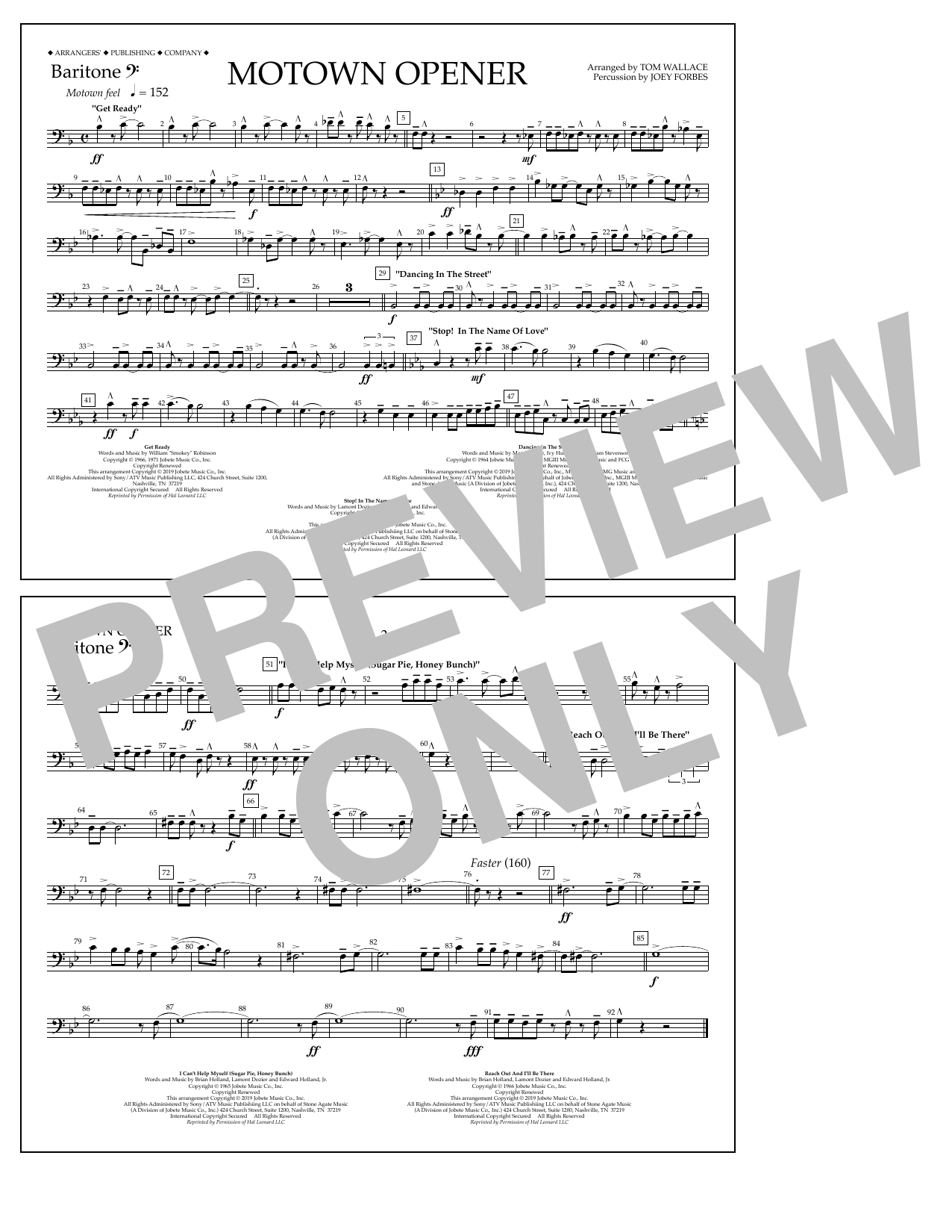 Download Various Motown Theme Show Opener (arr. Tom Wallace) - Baritone B.C. Sheet Music and learn how to play Marching Band PDF digital score in minutes