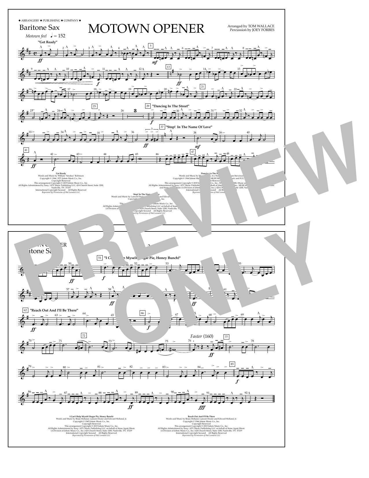 Download Various Motown Theme Show Opener (arr. Tom Wallace) - Baritone Sax Sheet Music and learn how to play Marching Band PDF digital score in minutes