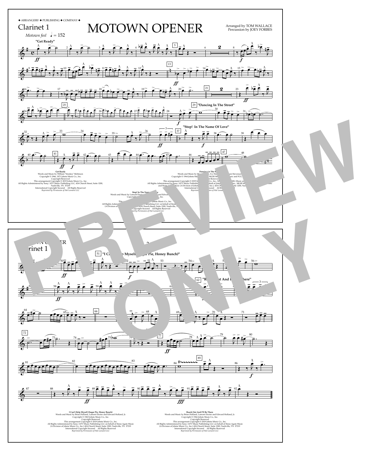 Download Various Motown Theme Show Opener (arr. Tom Wallace) - Clarinet 1 Sheet Music and learn how to play Marching Band PDF digital score in minutes