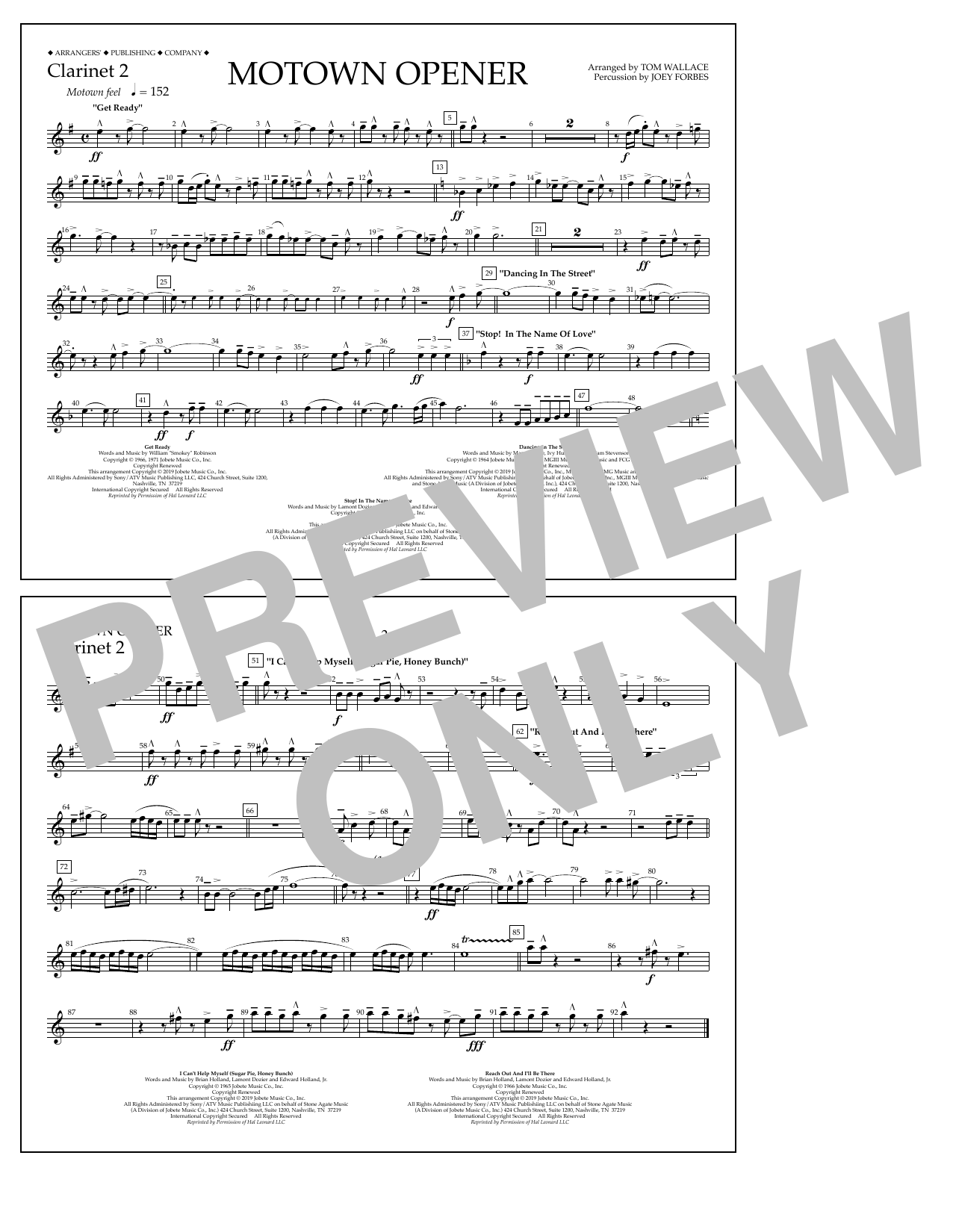 Download Various Motown Theme Show Opener (arr. Tom Wallace) - Clarinet 2 Sheet Music and learn how to play Marching Band PDF digital score in minutes