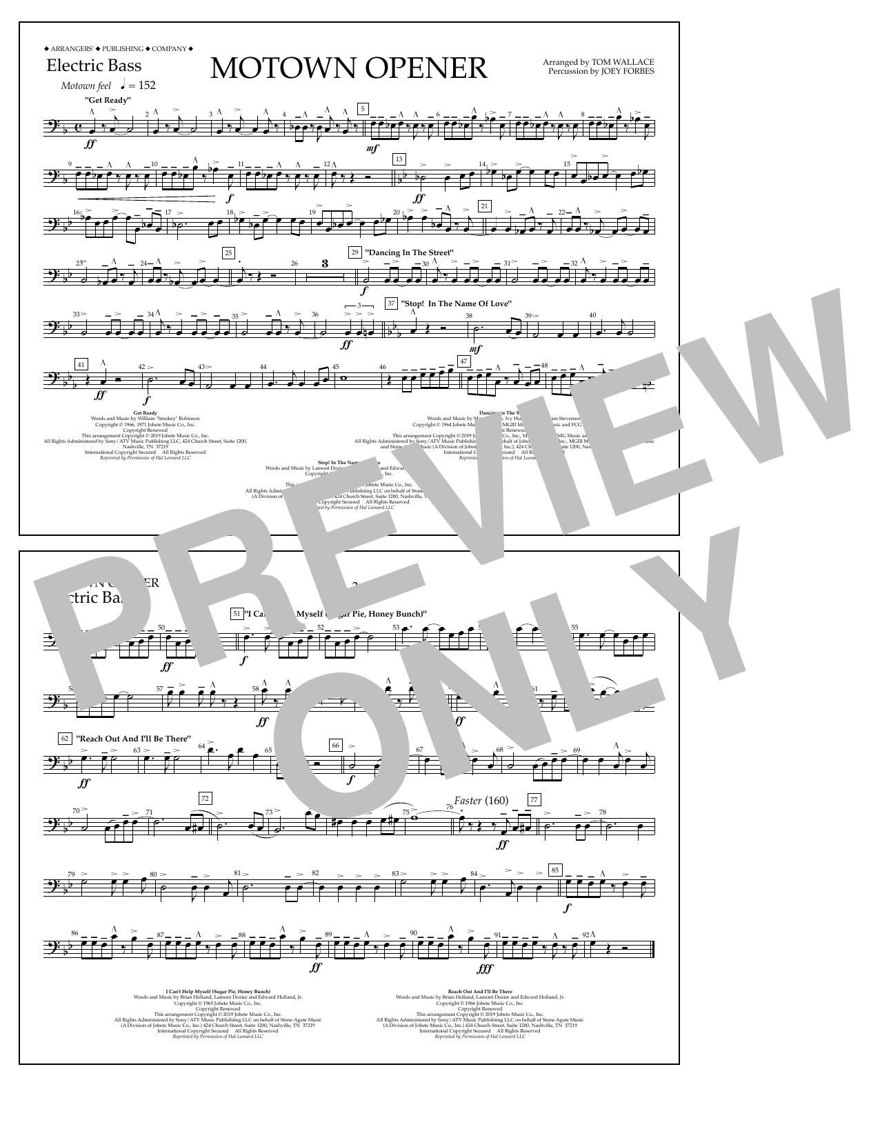 Download Various Motown Theme Show Opener (arr. Tom Wallace) - Electric Bass Sheet Music and learn how to play Marching Band PDF digital score in minutes