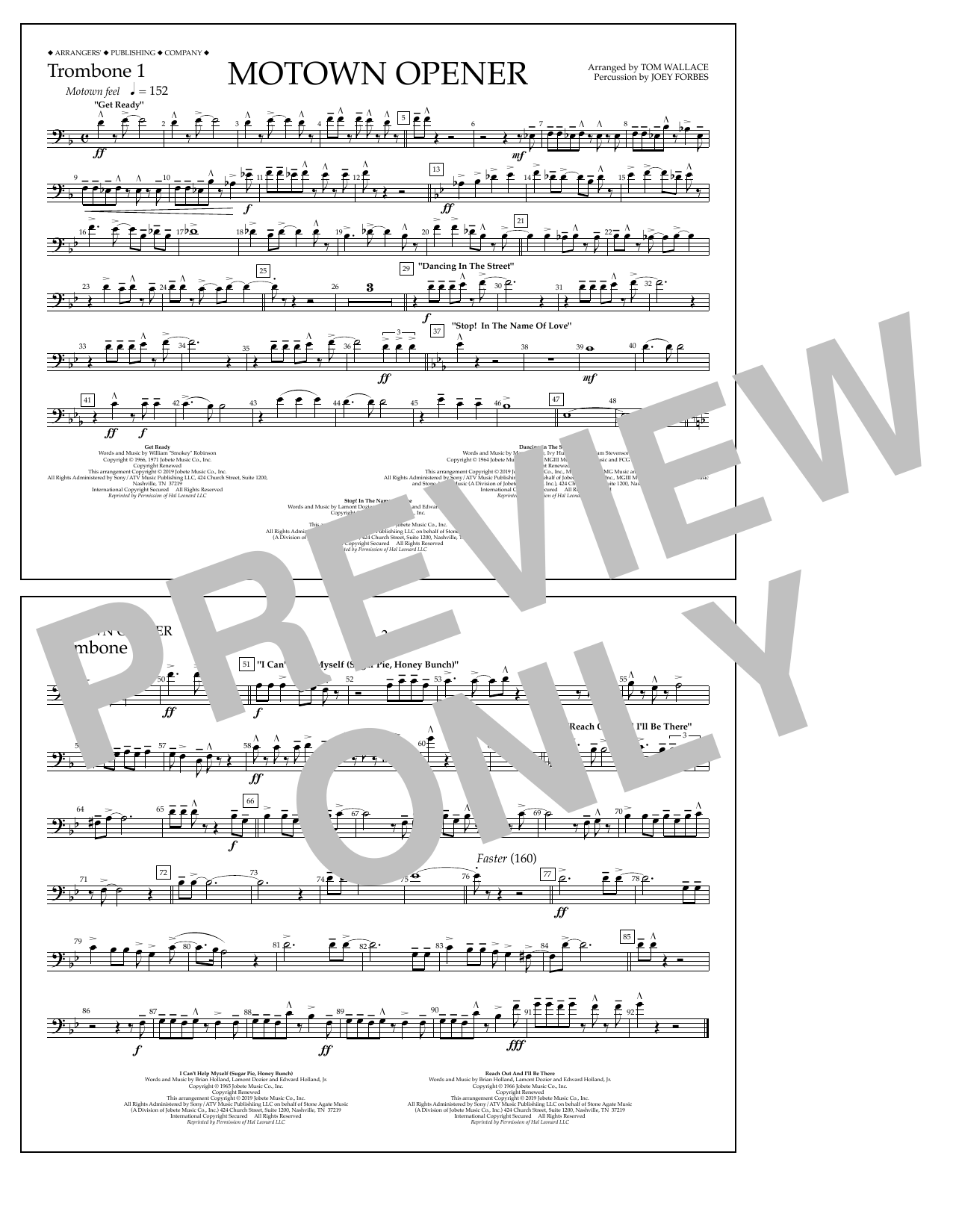 Download Various Motown Theme Show Opener (arr. Tom Wallace) - Trombone 1 Sheet Music and learn how to play Marching Band PDF digital score in minutes