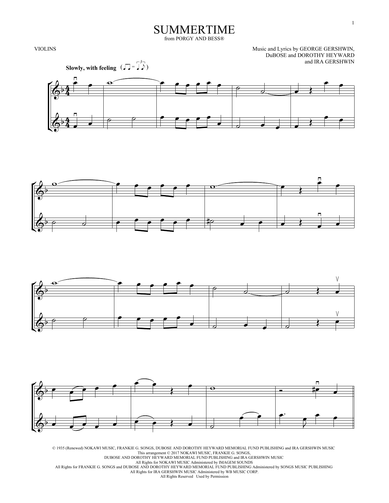 Download Various Summertime (from Porgy and Bess) Sheet Music and learn how to play Violin Duet PDF digital score in minutes