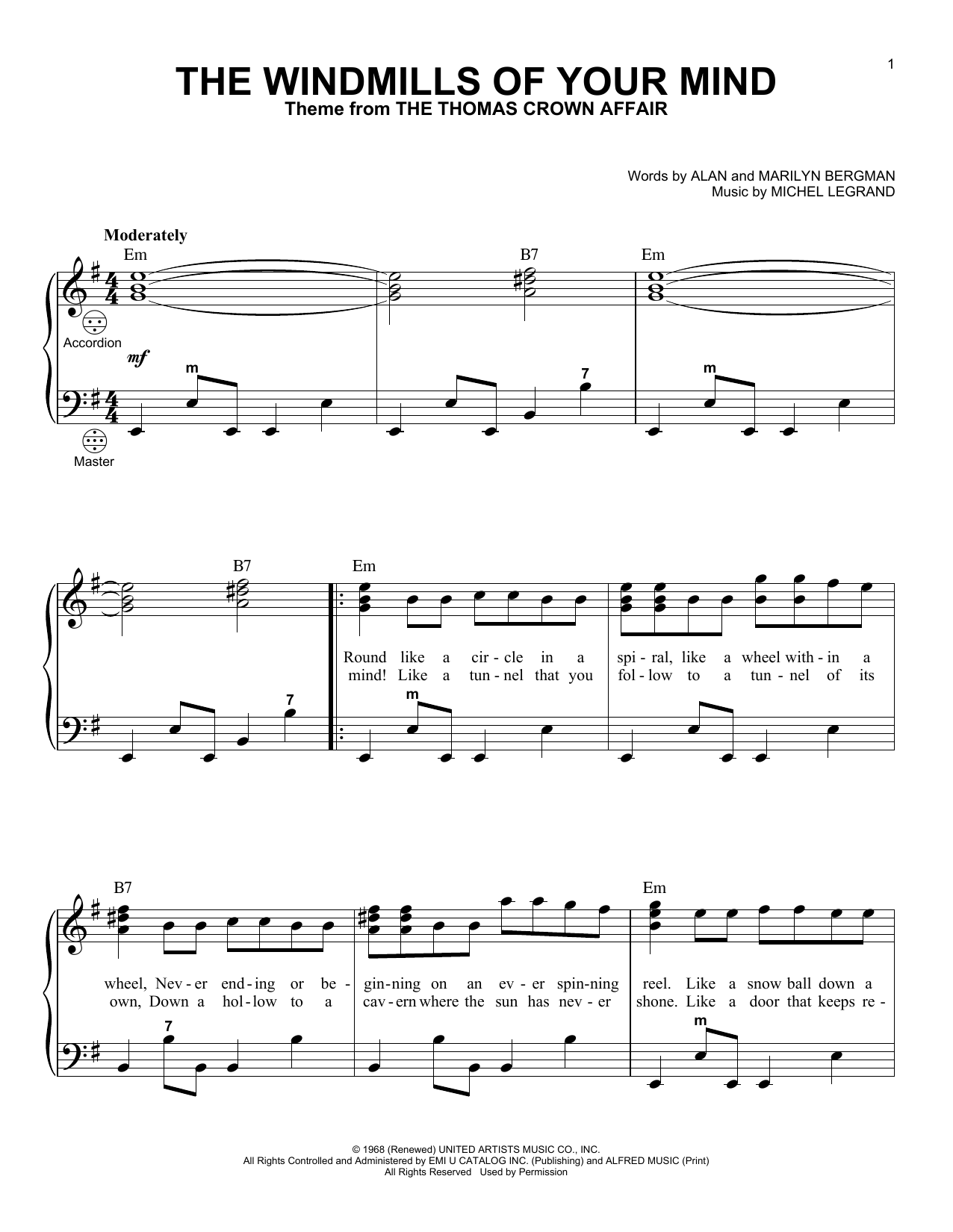 Download Various The Windmills Of Your Mind Sheet Music and learn how to play Accordion PDF digital score in minutes