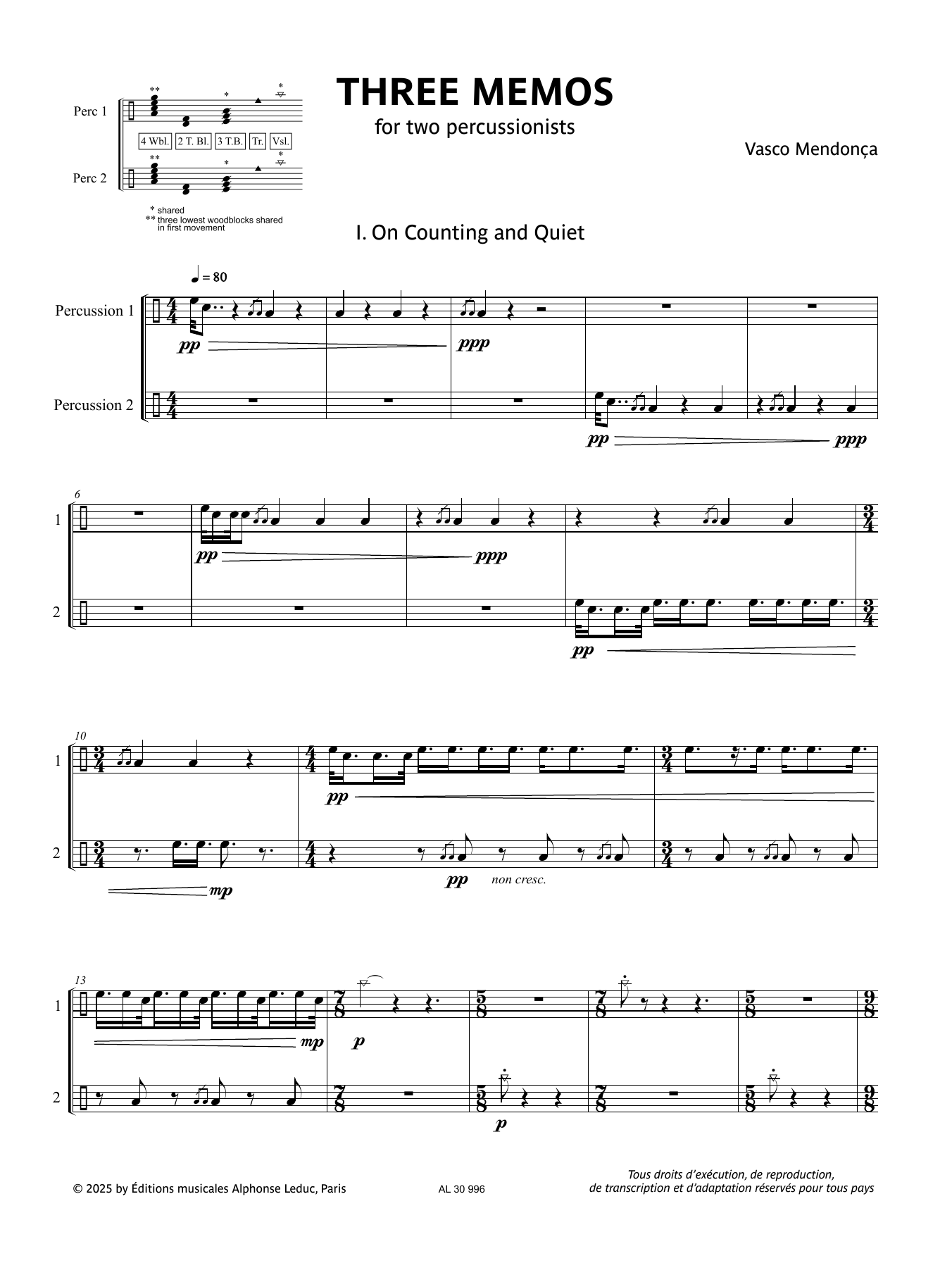 Download Vasco Mendonça Three Memos Sheet Music and learn how to play Percussion Duet PDF digital score in minutes