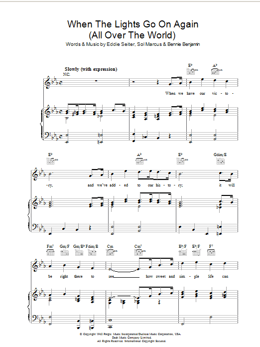 Download Bennie Benjamin When The Lights Go On Again (All Over The World) Sheet Music and learn how to play Piano, Vocal & Guitar (Right-Hand Melody) PDF digital score in minutes
