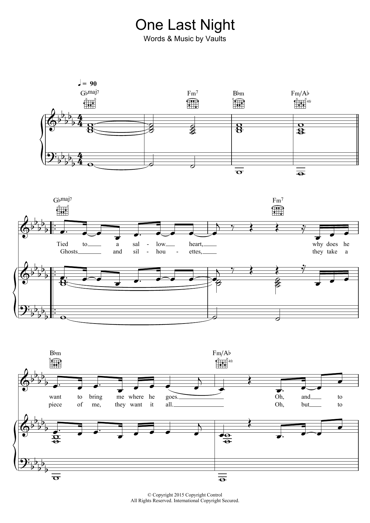 Download Vaults One Last Night Sheet Music and learn how to play Piano, Vocal & Guitar (Right-Hand Melody) PDF digital score in minutes