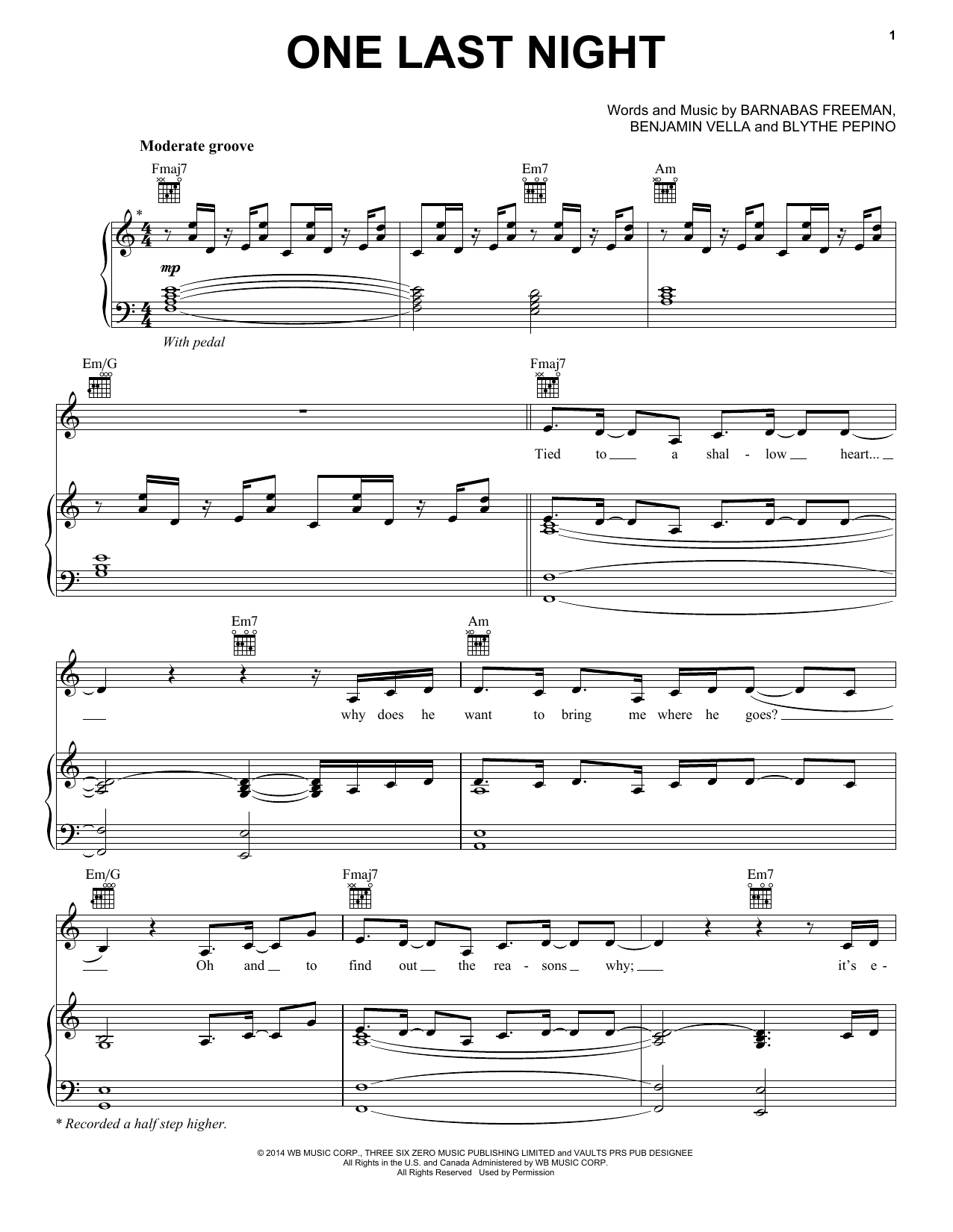 Download Vaults One Last Night Sheet Music and learn how to play Piano, Vocal & Guitar (Right-Hand Melody) PDF digital score in minutes