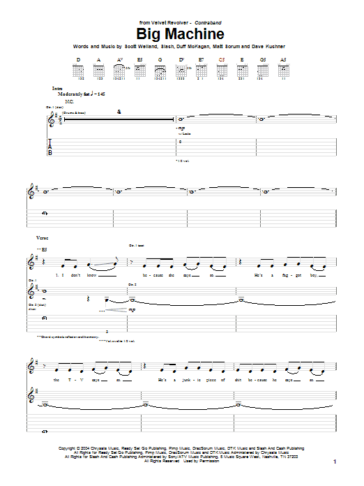 Download Velvet Revolver Big Machine Sheet Music and learn how to play Guitar Tab PDF digital score in minutes