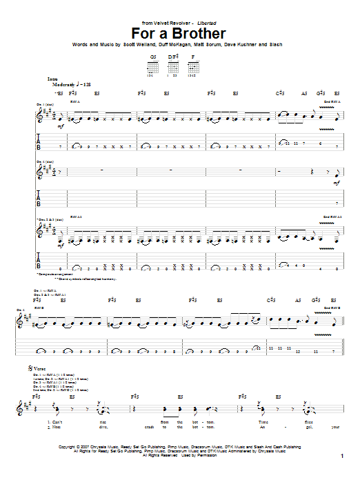 Download Velvet Revolver For A Brother Sheet Music and learn how to play Guitar Tab PDF digital score in minutes