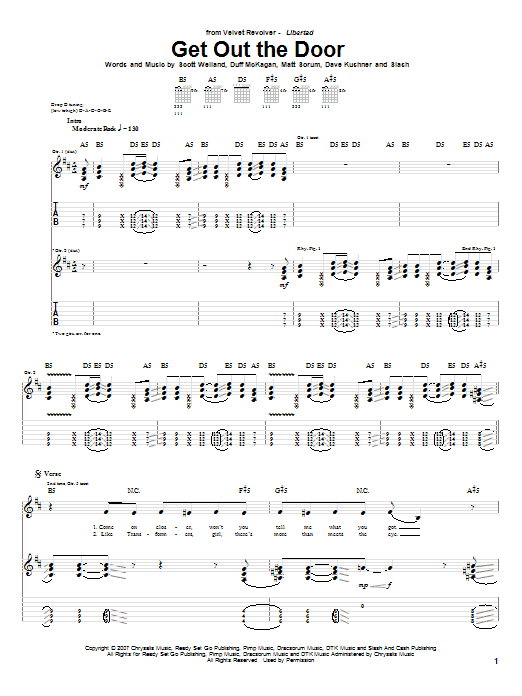 Download Velvet Revolver Get Out The Door Sheet Music and learn how to play Guitar Tab PDF digital score in minutes