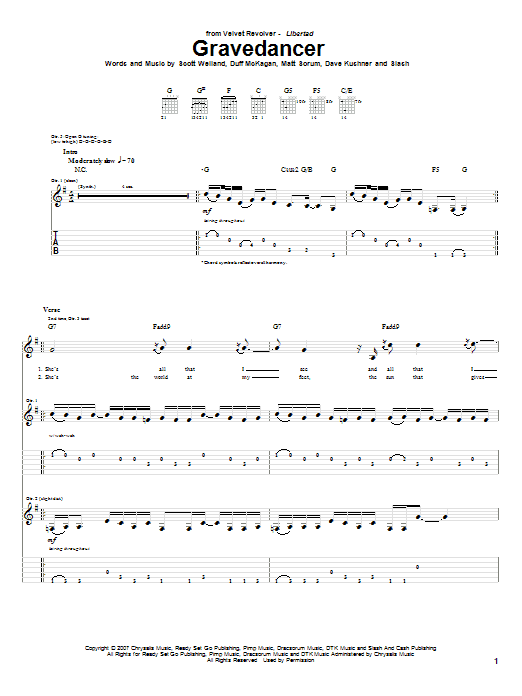 Download Velvet Revolver Gravedancer Sheet Music and learn how to play Guitar Tab PDF digital score in minutes