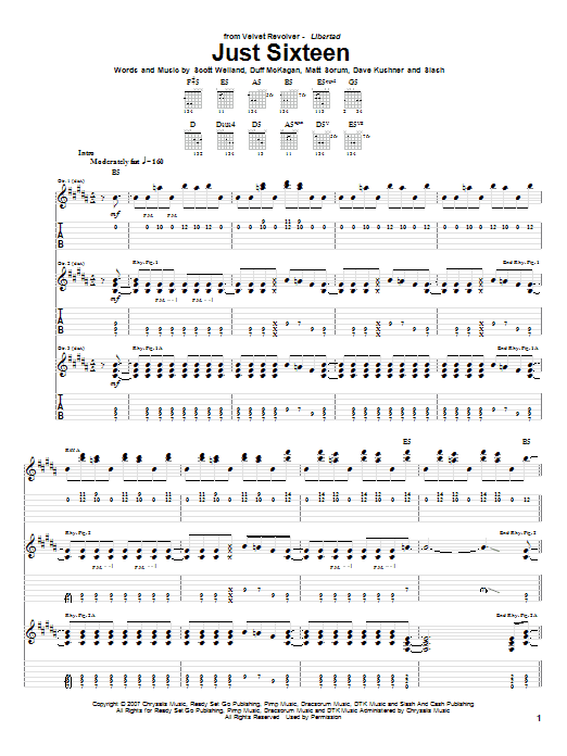 Download Velvet Revolver Just Sixteen Sheet Music and learn how to play Guitar Tab PDF digital score in minutes