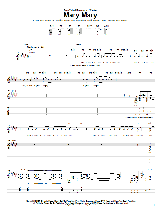 Download Velvet Revolver Mary Mary Sheet Music and learn how to play Guitar Tab PDF digital score in minutes