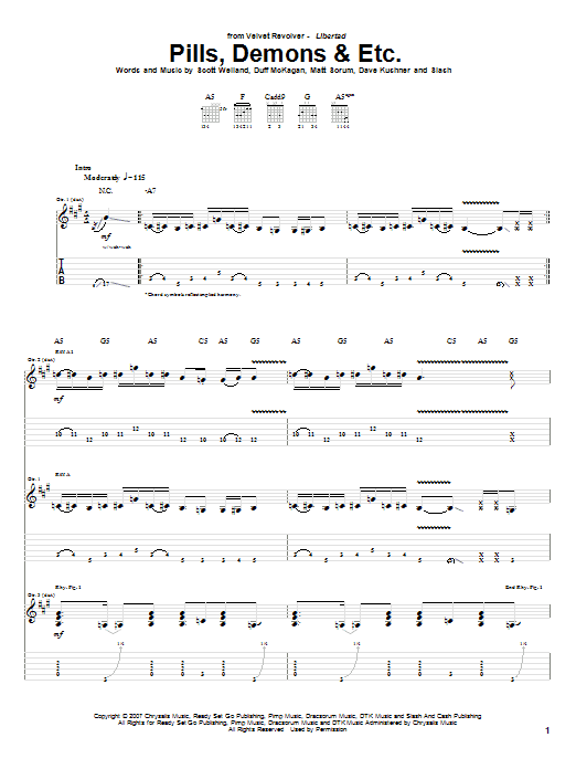 Download Velvet Revolver Pills, Demons & Etc. Sheet Music and learn how to play Guitar Tab PDF digital score in minutes