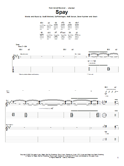 Download Velvet Revolver Spay Sheet Music and learn how to play Guitar Tab PDF digital score in minutes