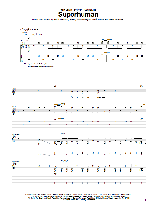 Download Velvet Revolver Superhuman Sheet Music and learn how to play Guitar Tab PDF digital score in minutes