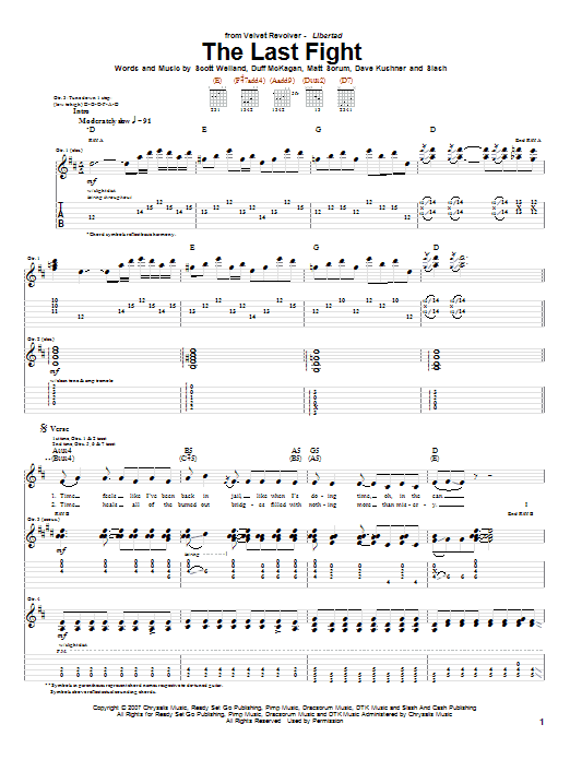 Download Velvet Revolver The Last Fight Sheet Music and learn how to play Guitar Tab PDF digital score in minutes