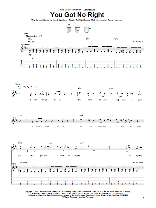 Download Velvet Revolver You Got No Right Sheet Music and learn how to play Guitar Tab PDF digital score in minutes