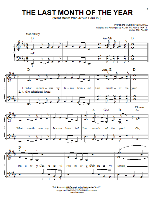 Download Vera Hall The Last Month Of The Year (What Month Was Jesus Born In?) Sheet Music and learn how to play Piano, Vocal & Guitar Chords (Right-Hand Melody) PDF digital score in minutes