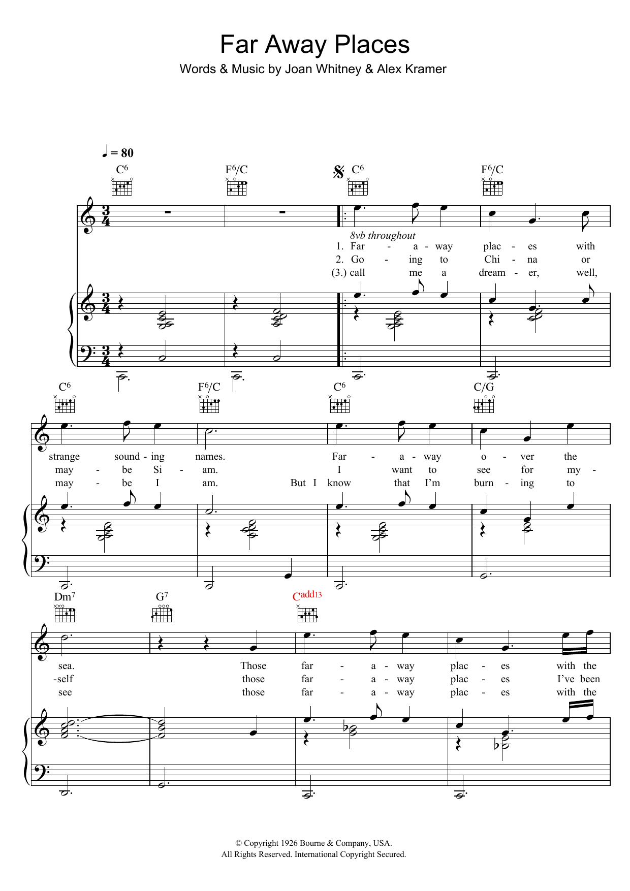 Download Vera Lynn Far Away Places Sheet Music and learn how to play Piano, Vocal & Guitar (Right-Hand Melody) PDF digital score in minutes