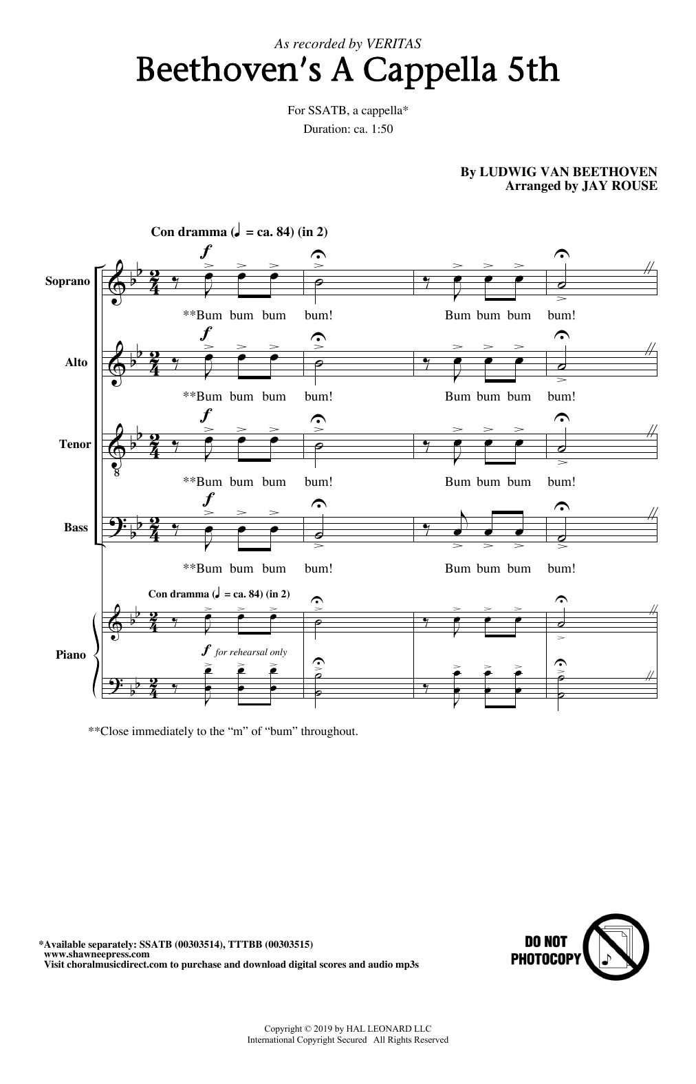 Download Veritas Beethoven's A Cappella 5th (arr. Jay Rouse) Sheet Music and learn how to play SSATB Choir PDF digital score in minutes