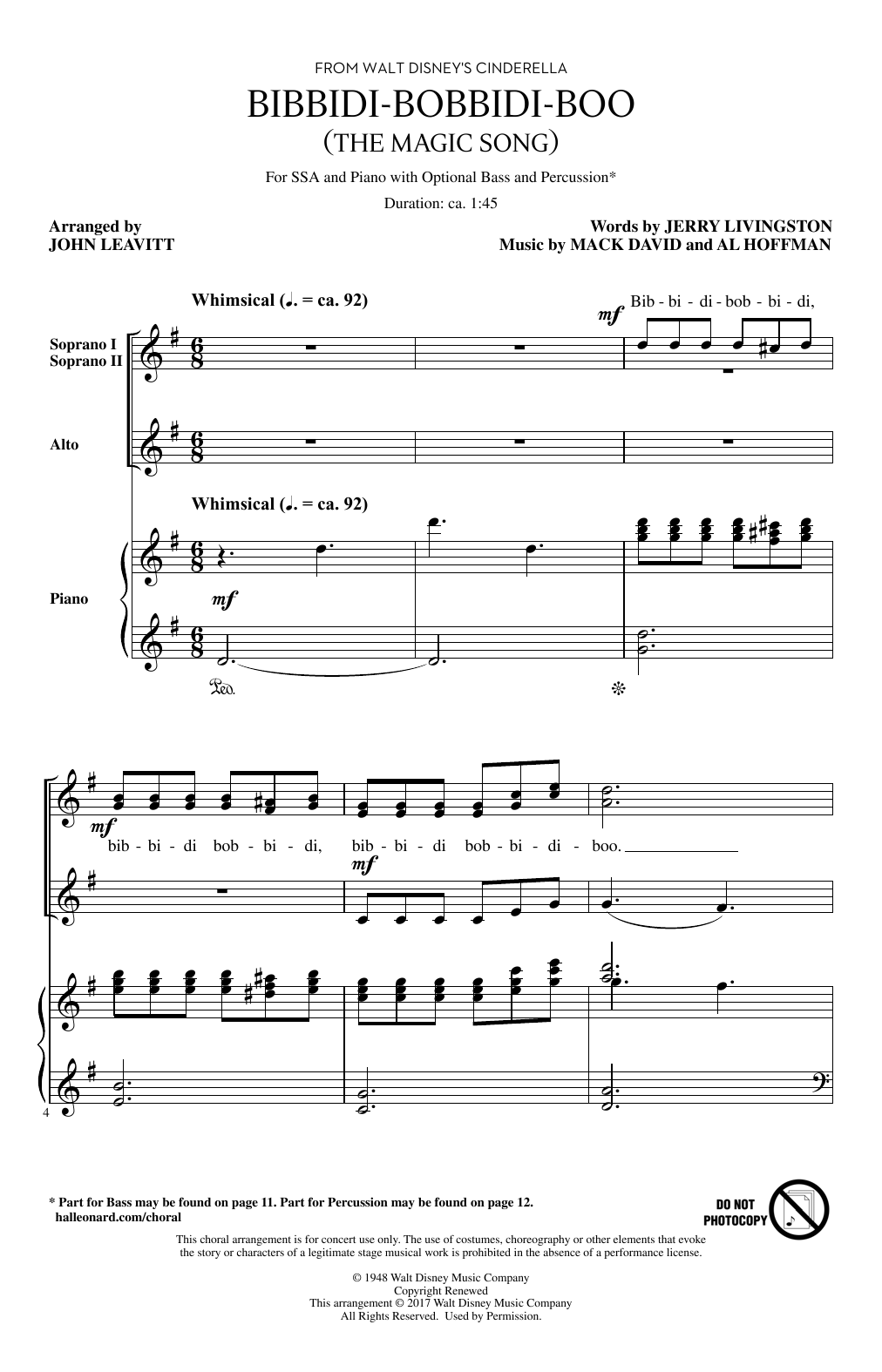 Download John Leavitt Bibbidi-Bobbidi-Boo (The Magic Song) Sheet Music and learn how to play SSA PDF digital score in minutes